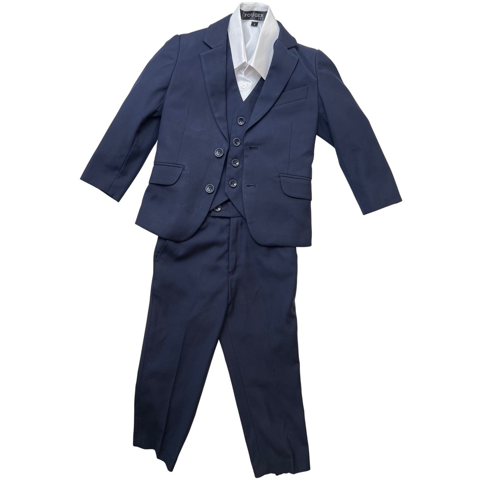 Fouger USA Kids Navy Blue Suit 4 Piece Set White Shirt Size 2‎ Formal